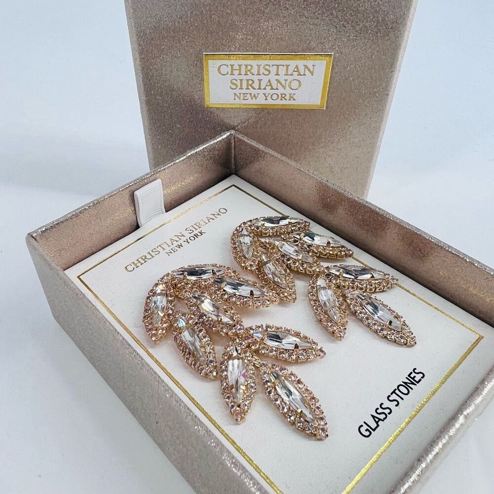 NWT Christian Siriano Rhinestone Glass Gold Tone Earrings Wedding Prom Statement
